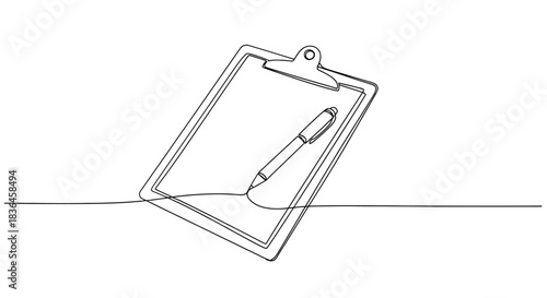 Minimalist continuous line drawing of a clipboard with a pen resting on a blank sheet of paper against a white background