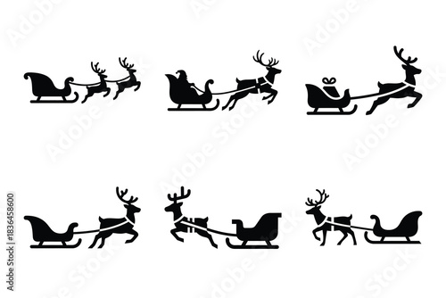 Christmas reindeer sleigh icon set. Vector illustration of silhouette icons.