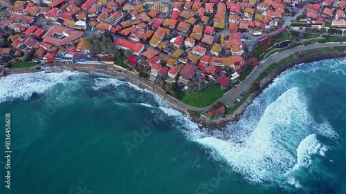Aerial drone view of old town of Nessebar, Burgas, Bulgaria