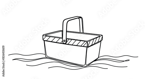 Simple black and white line drawing of a picnic basket floating on stylized wavy water surface