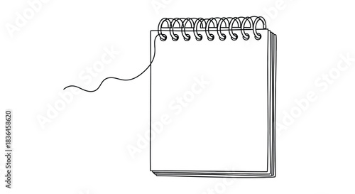 Minimalist black line drawing of a spiral bound notebook with blank pages and a wavy line extending from the side