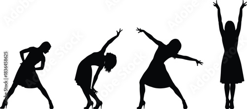 Silhouettes of women dancing in expressive poses representing movement, flexibility, emotion, artistic performance, celebration, freedom, and graceful motion