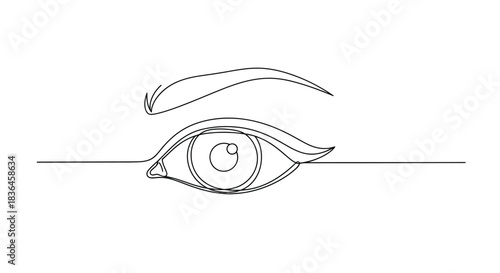 Minimalist continuous line drawing of a human eye with an eyebrow symbolizing vision and awareness