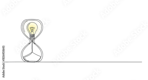 Hourglass with a glowing light bulb inside symbolizing the passage of time and the generation of new ideas