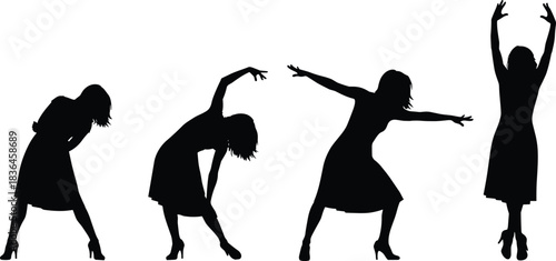 Silhouettes of women dancing in expressive poses, artistic movement illustration set showing dynamic gestures for creative vector designs