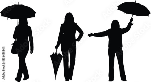 Silhouettes of women holding umbrellas walking and standing in various poses, rainy weather concept, fashion and lifestyle illustration