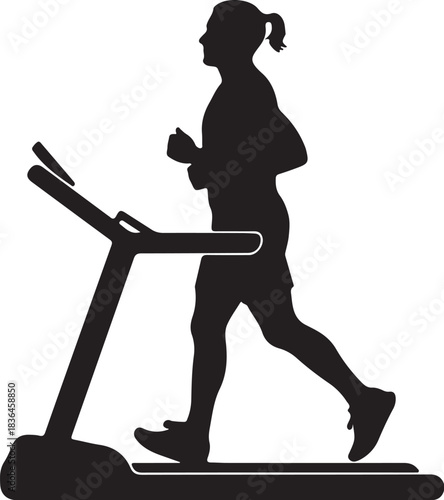 Silhouette of a person with a ponytail running on a treadmill, emphasizing fitness and healthy lifestyle.