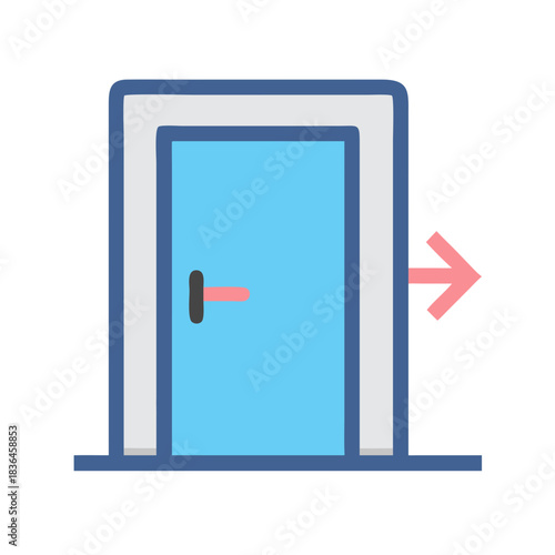 Blue door with arrow pointing right on black background