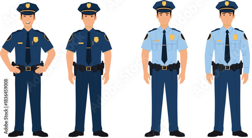 Police officer uniform illustrations showing different poses and shirt colors, professional law enforcement characters isolated on white background