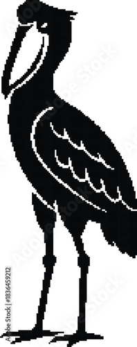 Pixelated black stork silhouette on white background, Pixel stork bird retro silhouette
