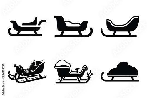Christmas snowy sled icon set. Vector illustration of silhouette icons.