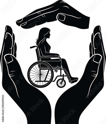 Supportive, protective, hands, surrounding, woman, in, wheelchair, symbolizing, care, safety, assistance, inclusion, empathy, accessibility, protection, health, empowerment, compassion