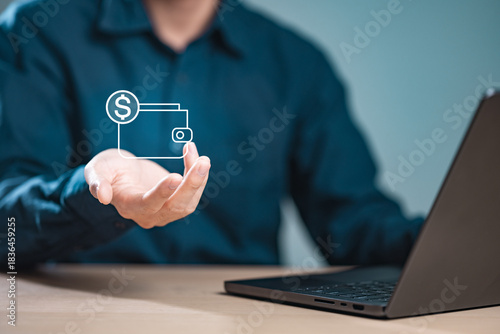 A person using a laptop with a floating digital wallet icon, representing payday salary deposits, monthly income scheduling, and organized financial planning for better personal budget management.