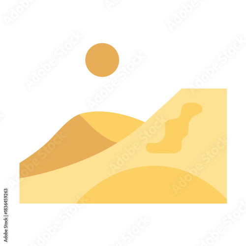 Minimalist desert landscape with dunes and sun icon