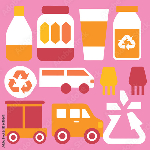 Illustrative graphic design depicting the concepts of recycling and reuse with vibrant colors and clear iconography for environmental awareness and sustainability initiatives