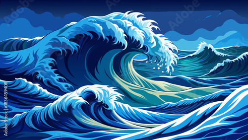 Close-up shot of dynamic ocean waves rolling gracefully, capturing the raw power and calming rhythm of the sea with detailed textures, sparkling highlights, and deep blue tones