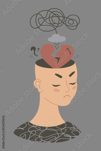 Mental Health. Unhappy Human Face with Broken Heart, rain cloud and Tangled Thoughts from her head. Concept emotional pain, confusion, Depression and Stress. Vector Illustration. Not AI
