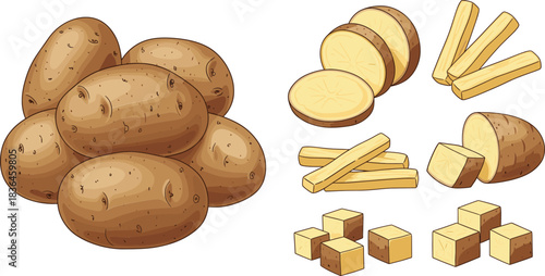 Potato cuts and preparation illustration with whole potatoes, slices, sticks, cubes, and chopped pieces isolated