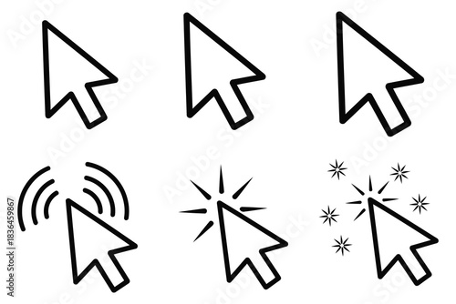 Collection of hand drawn arrow cursor icons showing different states of interaction