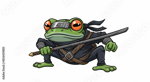 Ninja Frog: A whimsical depiction of a ninja frog in full attire, poised with a katana sword, ready for action. It's a fun and playful design.