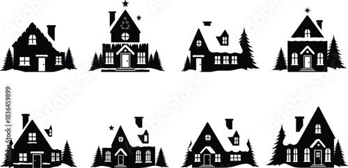 Winter cottage silhouette set featuring snowy holiday houses with pine trees, festive seasonal home illustrations for Christmas design