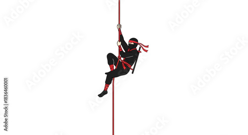 Ninja Ascending: A stealthy ninja scaling a rope with precision and agility, demonstrating the disciplined art of ninja movements.