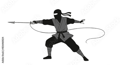 The Shadow Warrior: A stylized figure of a stealthy warrior poised for action, wielding a spear, embodying the essence of martial prowess and hidden strength.