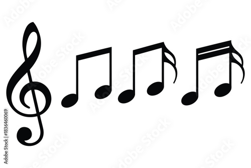 A treble clef and musical notes on a white background