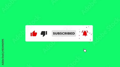 Pop up youtube subscribe like bell notification icon button clicked animation motion graphic on chroma key green screen alpha channel background	