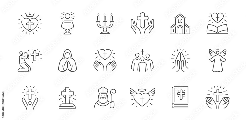 Naklejka premium Christian religion line icon set. Faith concept. Holy bible book, spirituality, worship, prayer, church symbols