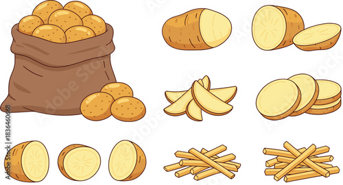 Potato preparation set with sack of potatoes, sliced rounds, wedges, halves, and julienne sticks illustration