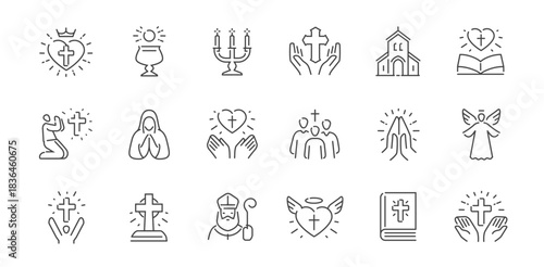 Christian religion line icon set. Faith concept. Holy bible book, spirituality, worship, prayer, church symbols