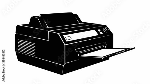 Monochrome illustration of a classic office printer with paper tray extended.