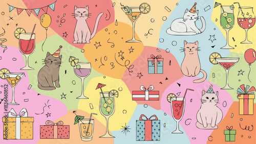 Cute cartoon cats celebrating a birthday party with cocktails and gifts.