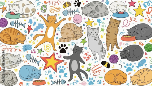 A delightful collection of various cats in different poses and colors, surrounded by playful cat-themed elements.