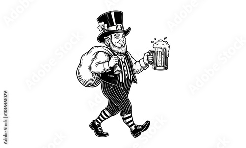 Leprechaun's Brew A whimsical illustration of a charming leprechaun carrying a bag and a frothy beer
