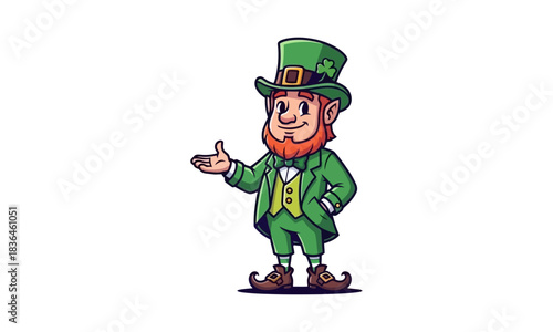 Charming cartoon leprechaun character in a green suit and top hat gesturing, a festive St. Patrick's Day mascot illustration isolated on a white background
