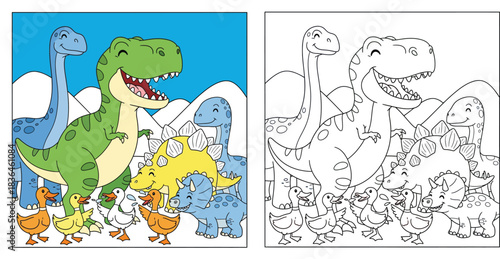 Happy cartoon dinosaurs group including T-Rex, Triceratops, Stegosaurus and Brachiosaurus posing with cute little ducks, funny friends vector illustration for kids