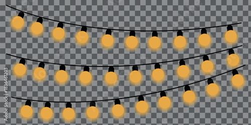 Golden christmas glowing lights on wire for new year celebrations and christmas celebration. Editable vector illustration.