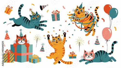Cute cats celebrating a birthday party with gifts and balloons.
