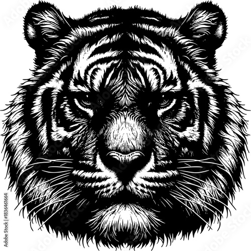  Majestic tiger portrait: A black and white portrait of a majestic tiger stares intently, its powerful gaze commanding attention and capturing the essence of the wild.