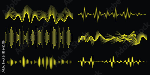 Podcast sound waves. Audio wave forms line, sound wave frequency, illustrating wave forms, voice signals, or digital equalizer patterns in a simple 