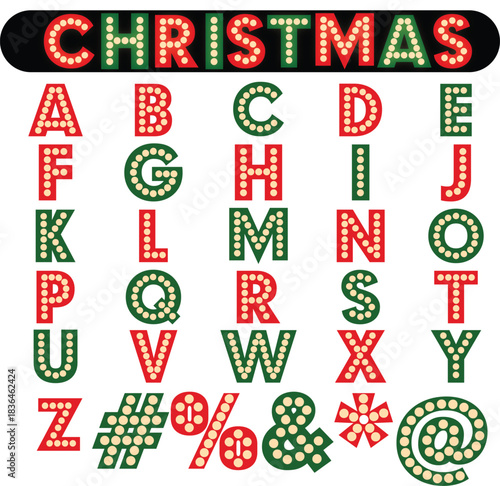 Christmas themed alphabet and symbols with red and green colors and light bulb decorations