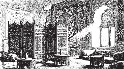 Engraving depicting an ornate interior room with a folding screen, low tables, and cushioned seating in an oriental style