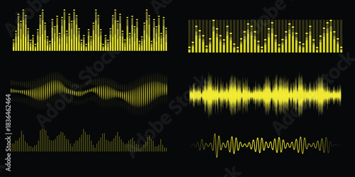 Podcast sound waves. Audio wave forms line, sound wave frequency, illustrating wave forms, voice signals, or digital equalizer patterns in a simple 