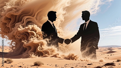 abstract corporate merger silhouette in desert sandstorm
