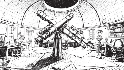 Vintage astronomical observatory interior featuring a large refracting telescope under a dome