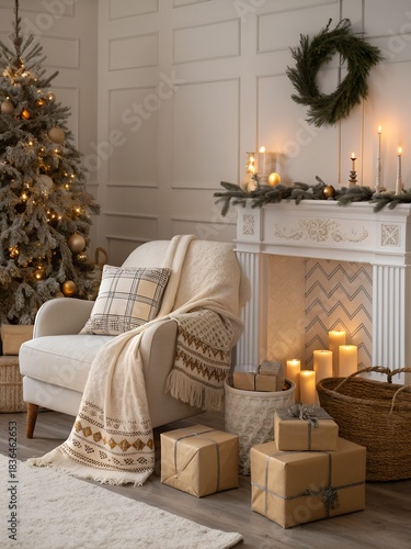 Warm holiday living room with Christmas cushions, wrapped gifts, and soft neutral textures creating a festive and inviting atmosphere.