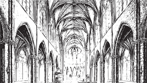 Black and white ink sketch illustration of a grand gothic cathedral nave with high vaulted ceiling and pointed arches