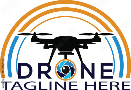 Drone logo design with a camera lens and colorful elements